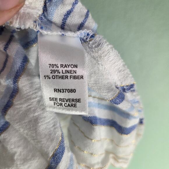 Cato Womens Peasant Top Linen Blue Stripe Ruffle Bell Coastal Nautical 22/24W - Picture 5 of 6